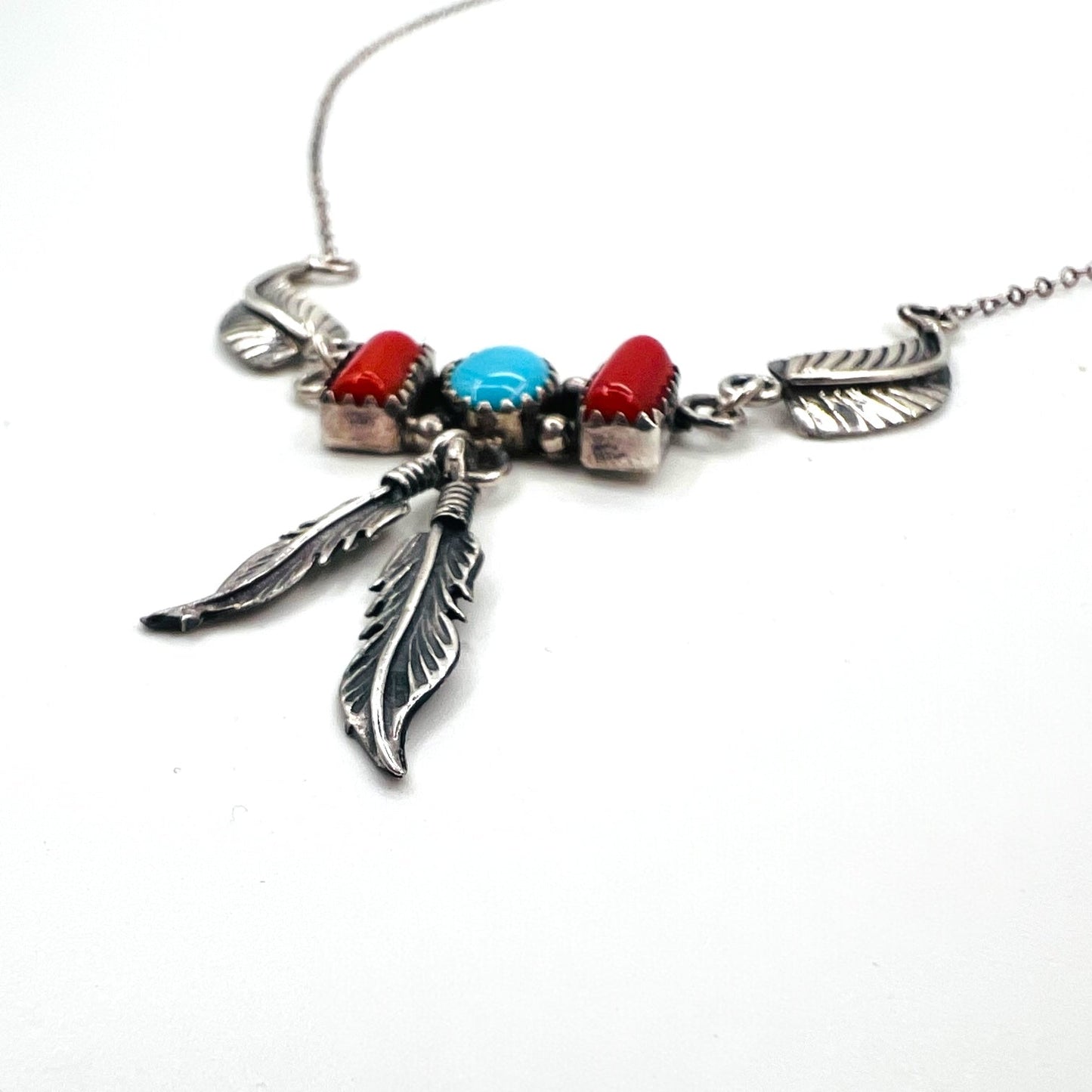 Vintage Feather Sterling Silver Necklace ターコイズ コーラル フェザー ネックレス シルバー STERLING 刻印 インディアンジュエリー