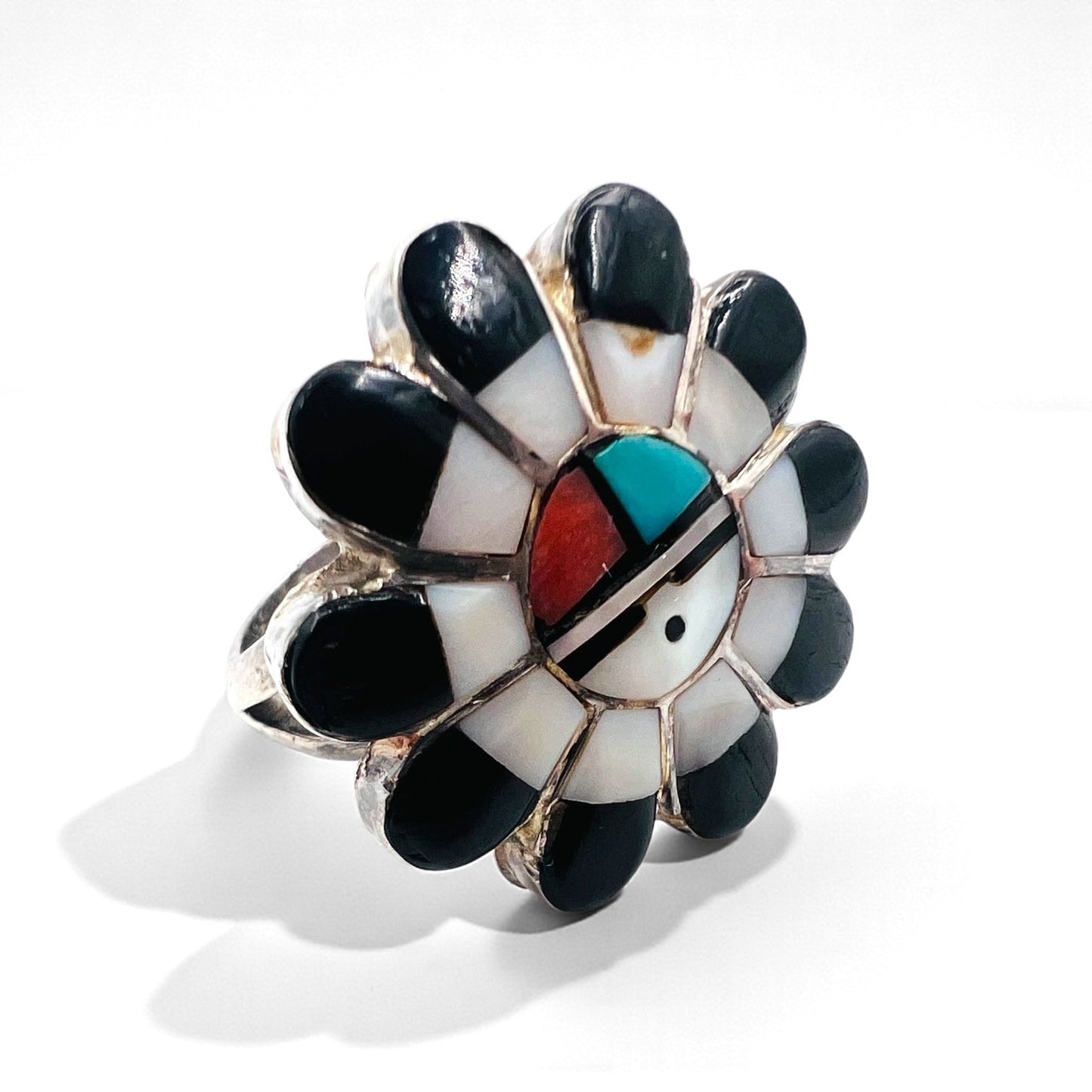 Vintage Zuni Sterling Silver Ring ズニ族 フラワー サンフェイス リング 指輪 11号 インレイ シルバー 刻印 ホールマーク ターコイズ コーラル シェル オニキス インディアンジュエリー