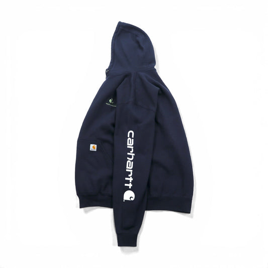 carhartt プルオーバー パーカー L ネイビー 裏起毛 カンガルーポケット 袖ロゴ K288