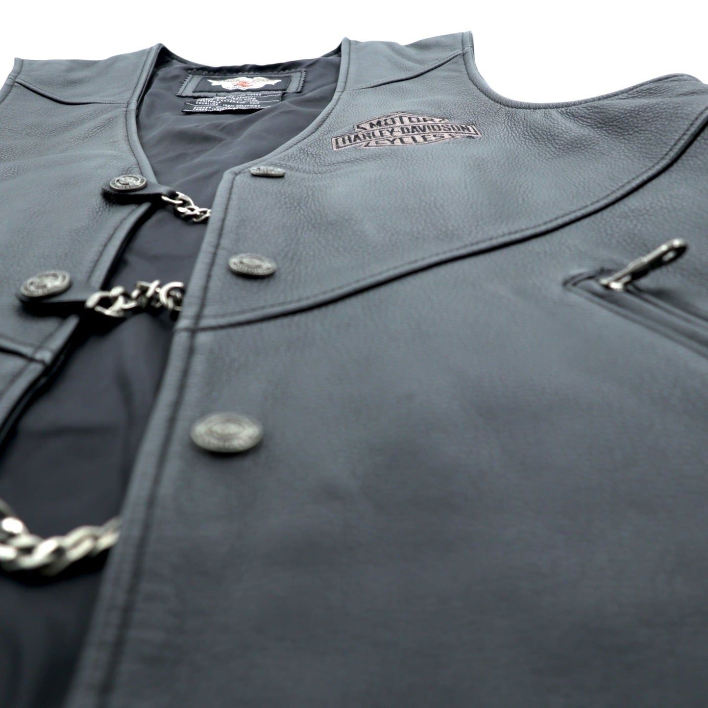 HARLEY DAVIDSON チェーンフロント レザーベスト M ブラック チェーンボタン レースアップ 刺繍 バイカー