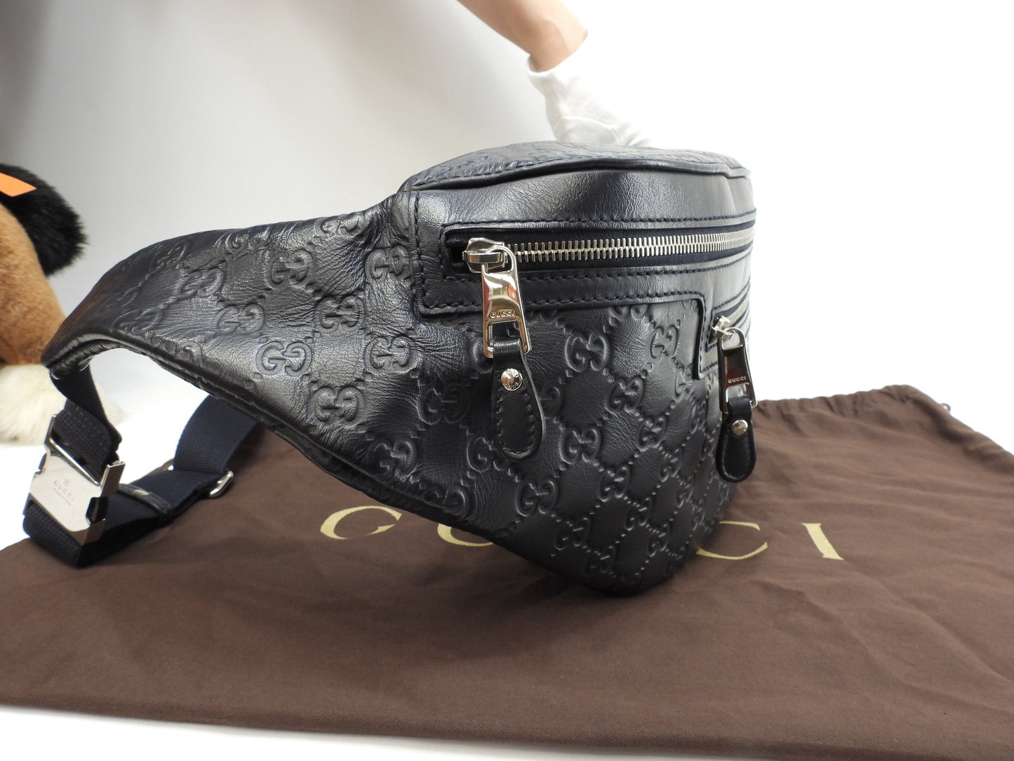 グッチ ボディバッグ大 GG レザー紺 斜掛ショルダーバッグ バムバッグ 美品@ 27
