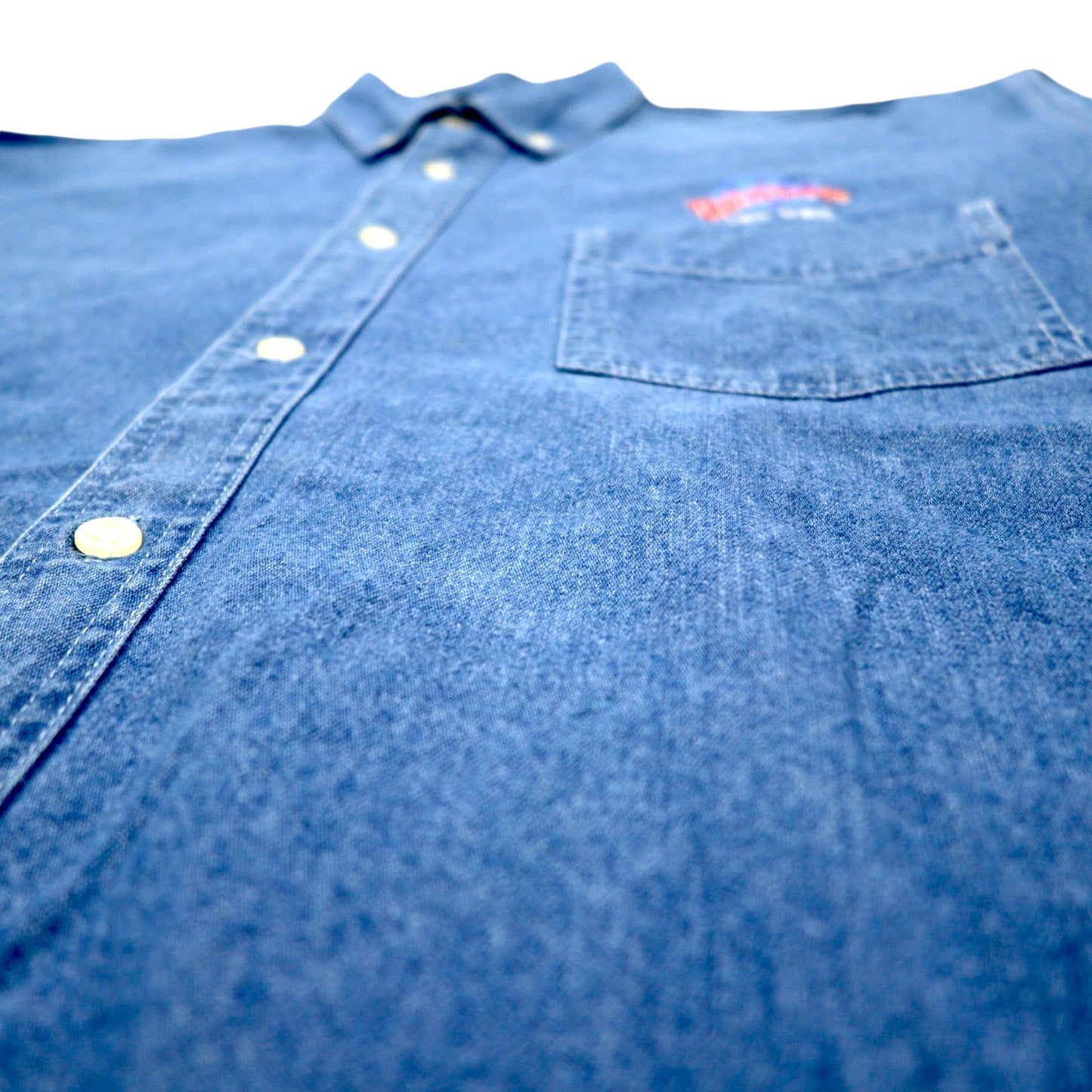 90s PLANET HOLLYWOOD denim button-down shirt, size XL, blue cotton, one-point logo embroidery