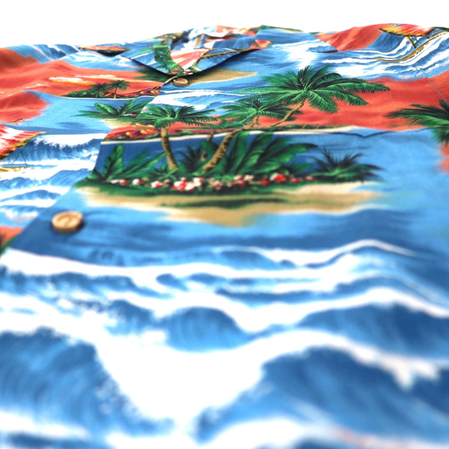 ALOHA REPUBLIC Aloha Shirt, Open Collar, Size M, Blue, Cotton, Beach Print, Made in Hawaii (USA)