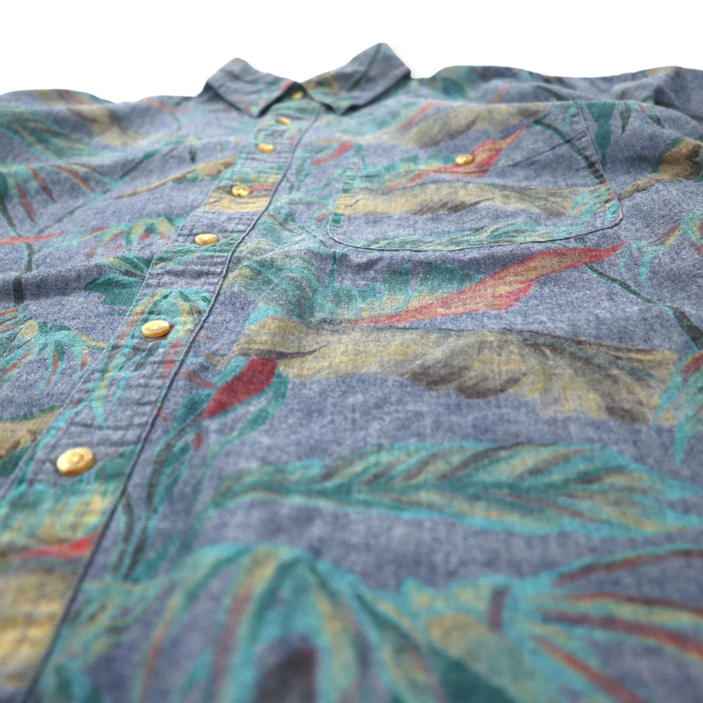 GANT Aloha Shirt, Size L, Blue Cotton Chambray, All-Over Botanical Print, White Water Chambray