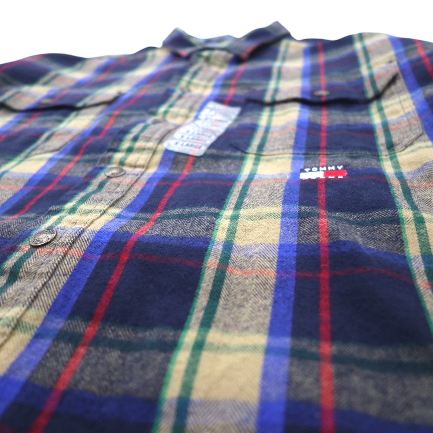 TOMMY JEANS 90s Flannel Shirt, Size XL, Navy Check, Cotton, Snap Buttons, Unused