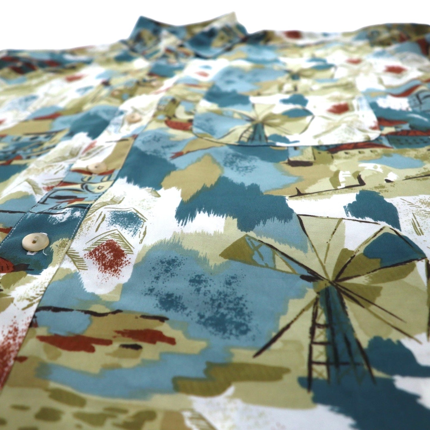 Vintage 90s Japan Made Retro Shirt mio SIROCCO ポリシャツ M マルチカラー 総柄 アート