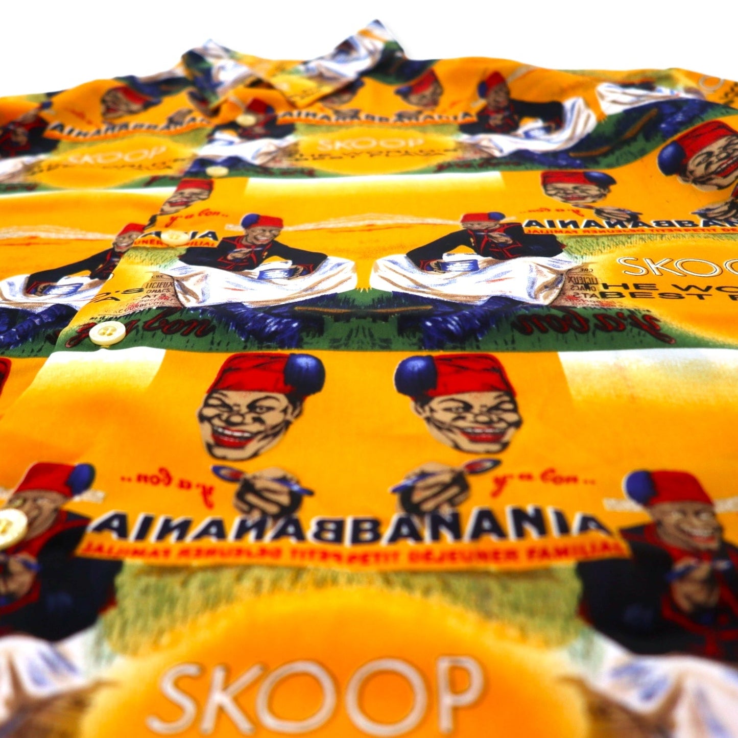 90s SKOOPS WORLDWIDE all-over graphic aloha shirt, XXL, yellow, polyester, oversized