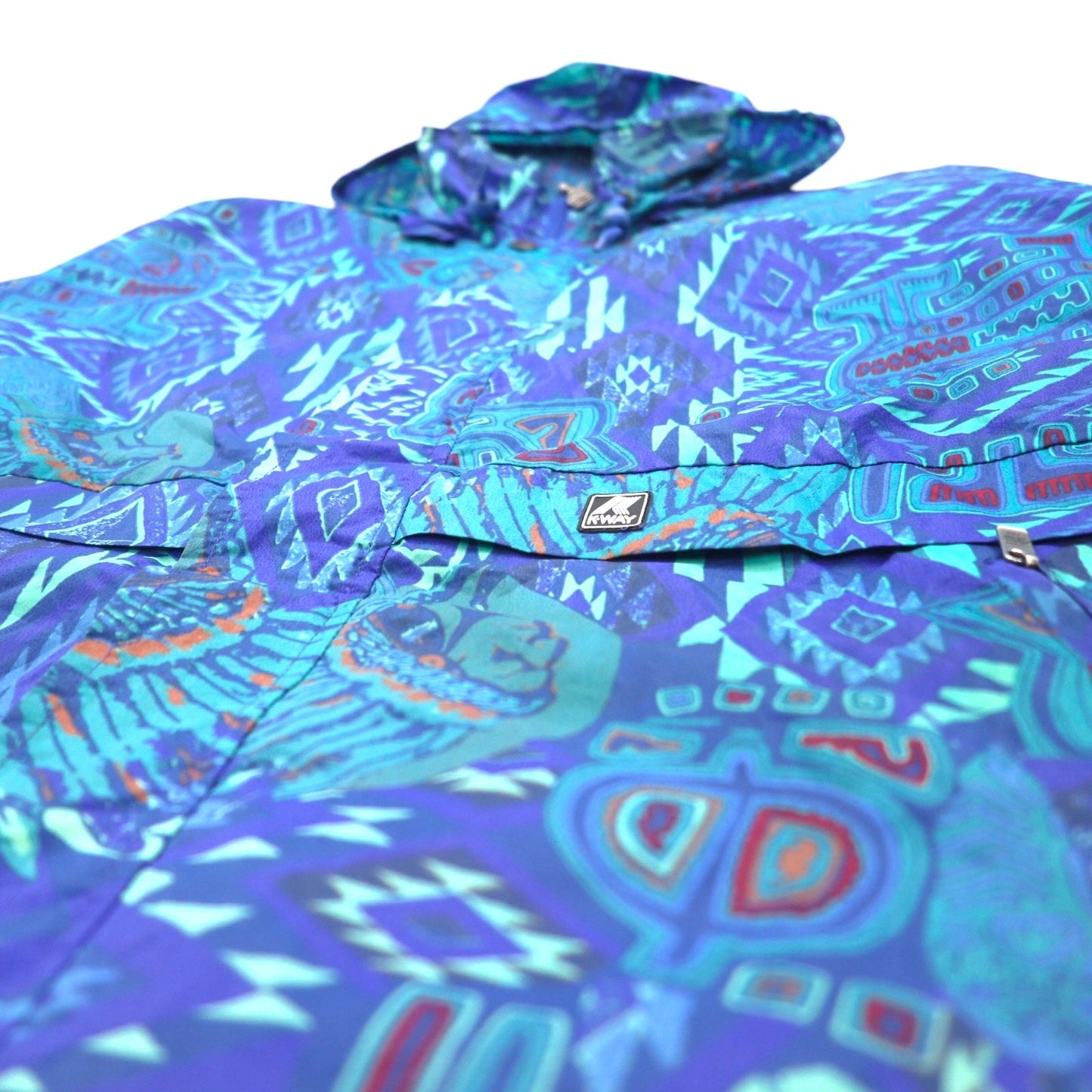 K-WAY 90年代 フード収納式 パッカブル ナイロンジャケット パーカー XL ブルー 総柄 ネイティブ柄 インディアン