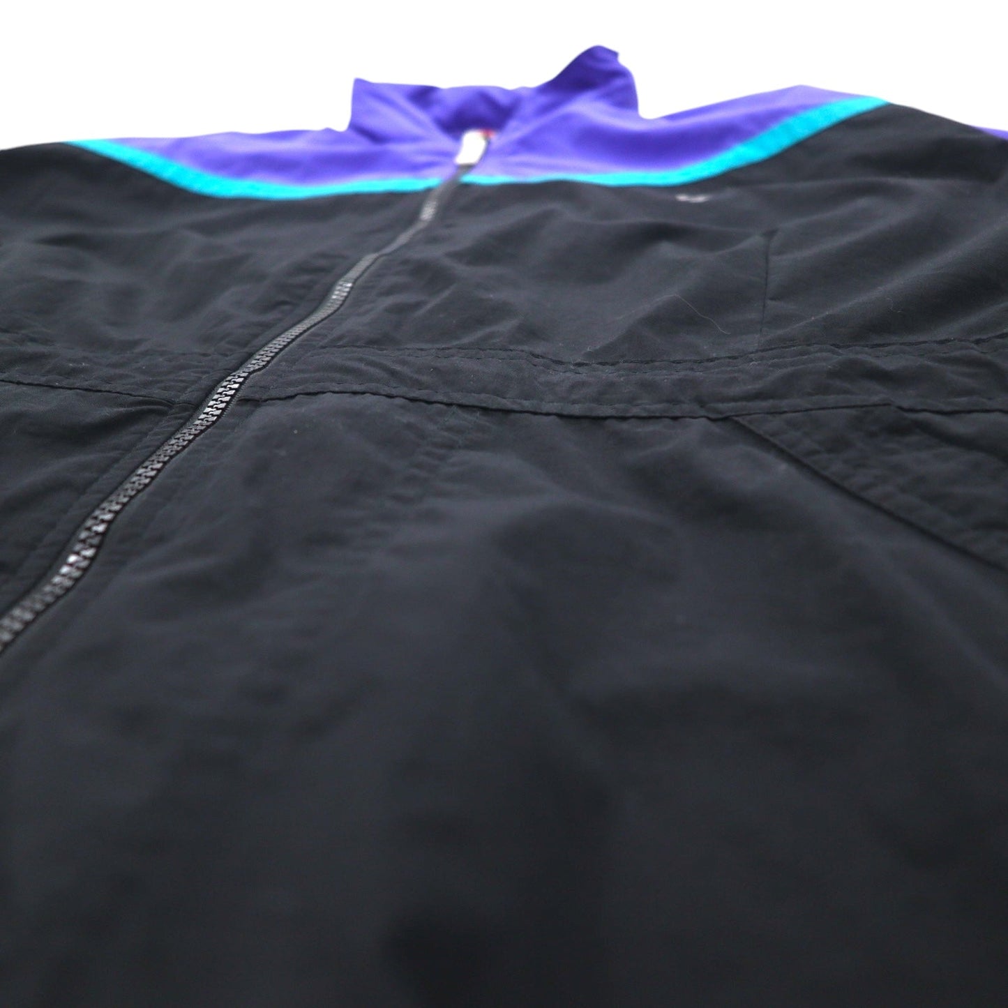 FILA 90s Nylon Jacket, Size L, Black and Purple, Drawcord, Retractable Hood, Double Zip