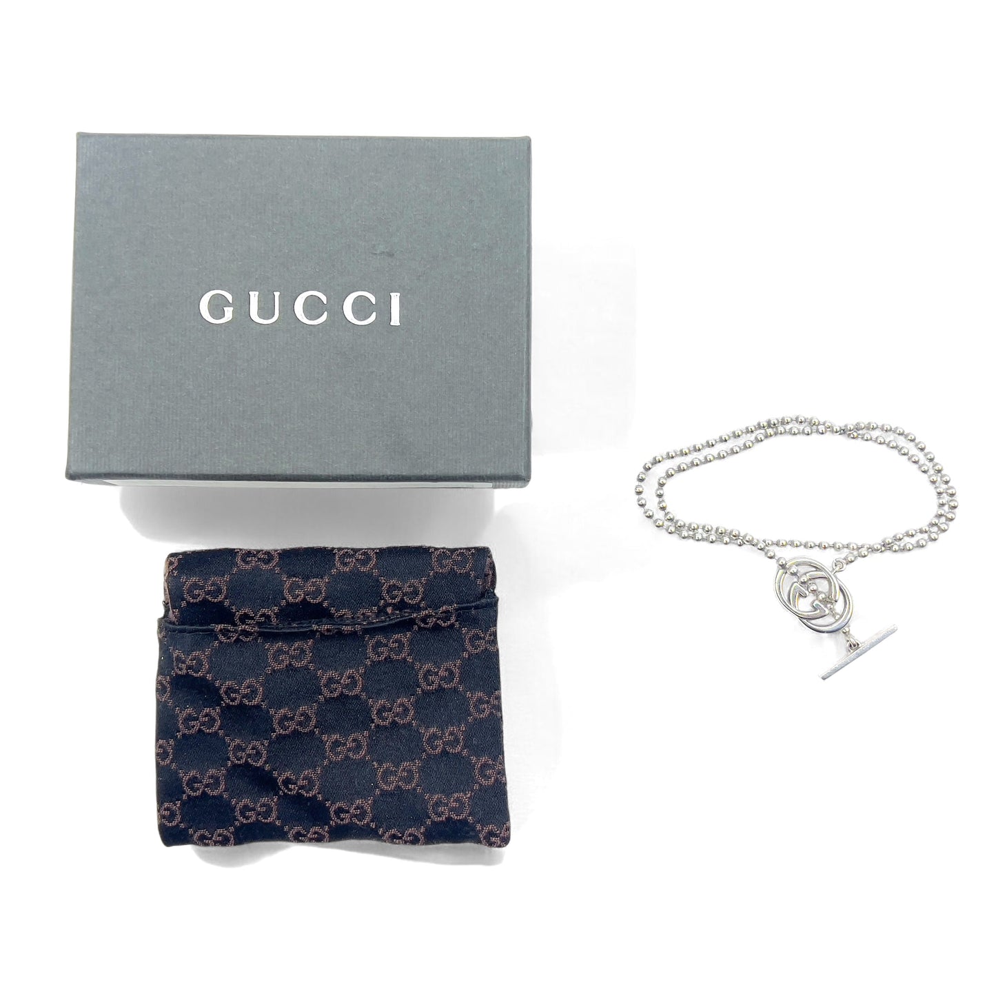GUCCI Italian-Made 2-Way Interlocking G Toggle Necklace/Bracelet with Silver Ball Chain (AG925)