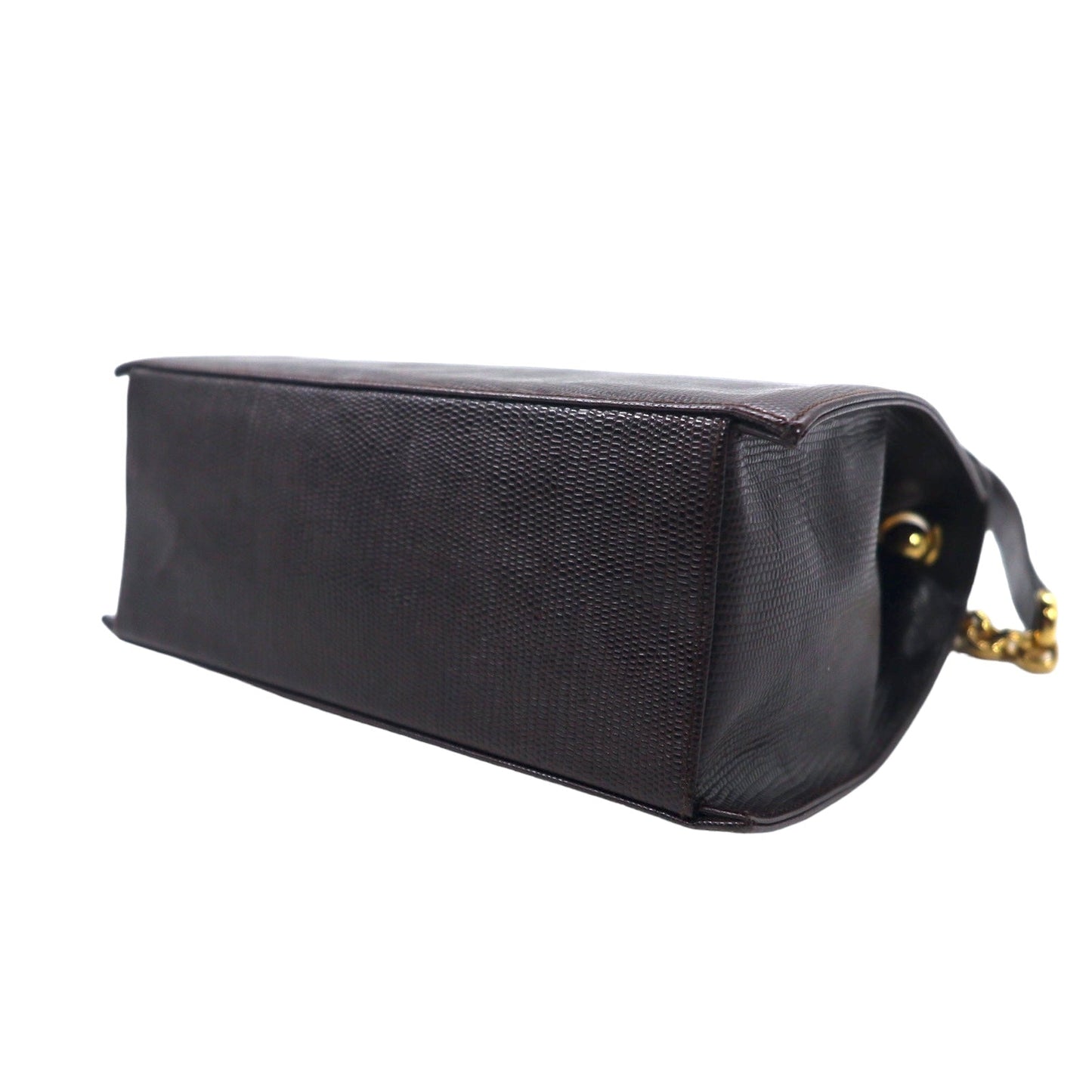 Salvatore Ferragamo Lizard-Embossed Trapezoid Chain Shoulder Bag in Brown Leather, Q 21 4654, Made in Italy