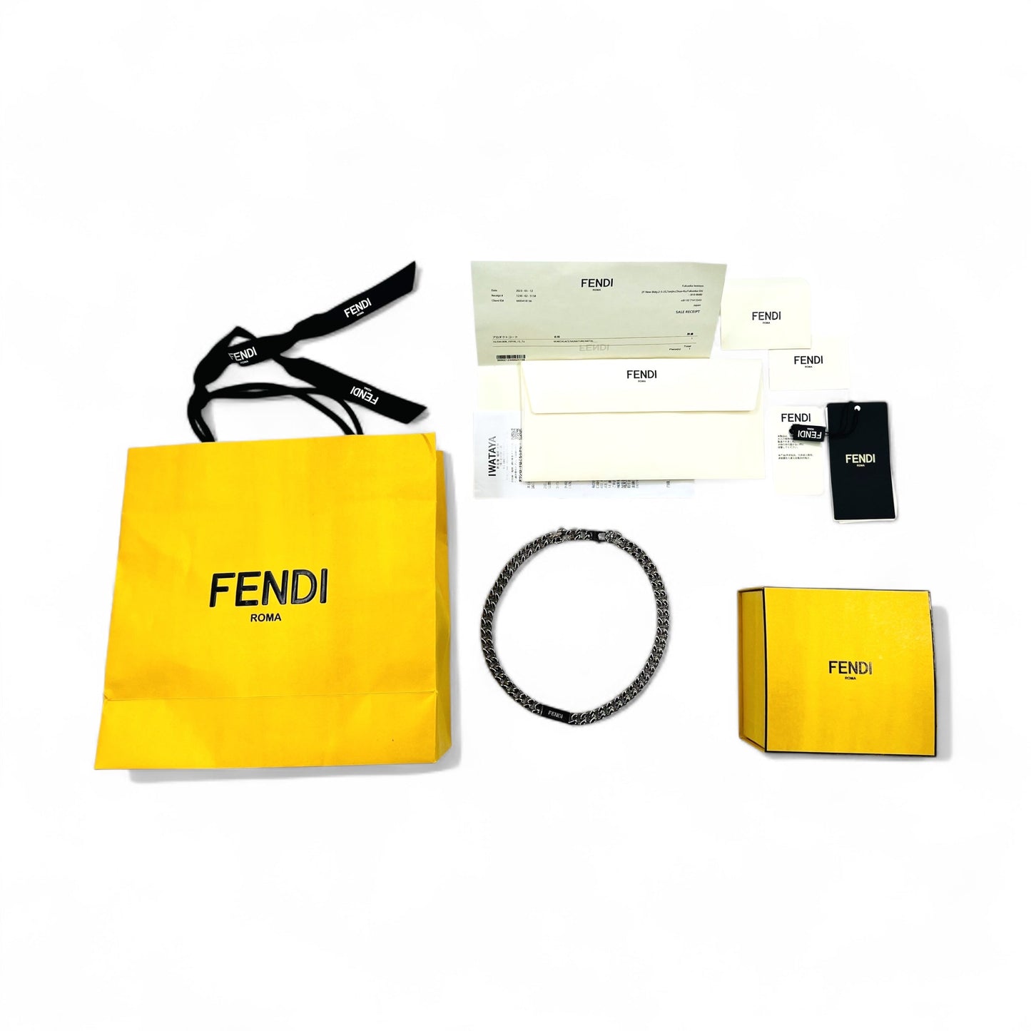 FENDI Metal Chain Necklace, Silver, Curb Chain, Baguette Link, MP4722, Made in Italy