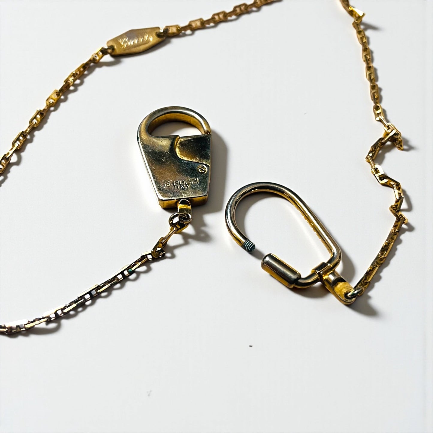 GUCCI 80年代 イタリア製 ヴィンテージ オールドグッチ 2WAY カラビナ ネックレス キーチェーン ゴールド ロック G.GUCCI