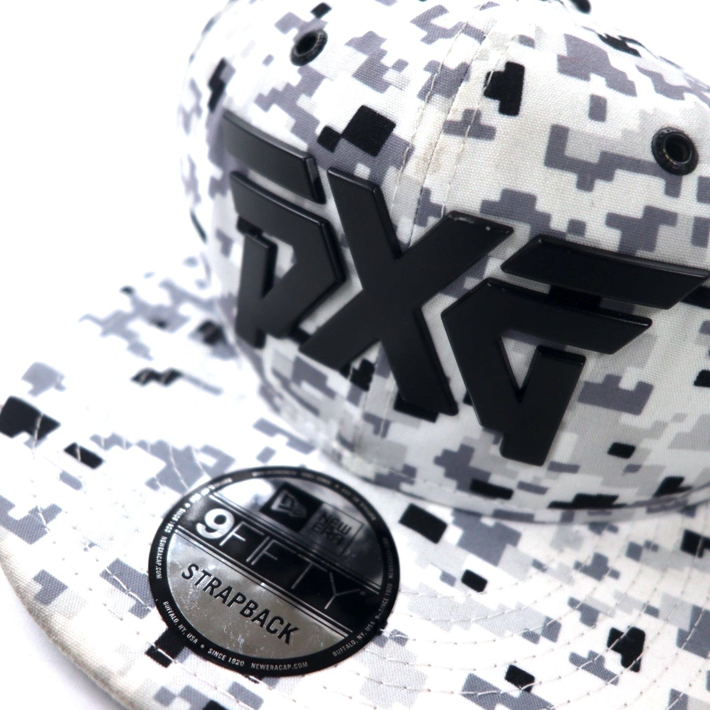 NEW ERA x PXG ONE Snapback Baseball Cap in Gray Digital Camo with Polyester Logo Plate and Fairway Camo 9Twenty Cap
