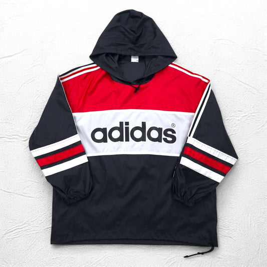 adidas 90年代 デサント社製 ピステ プルオーバー ナイロンパーカー M-L 3ストライプ 両面ロゴプリント 日本製