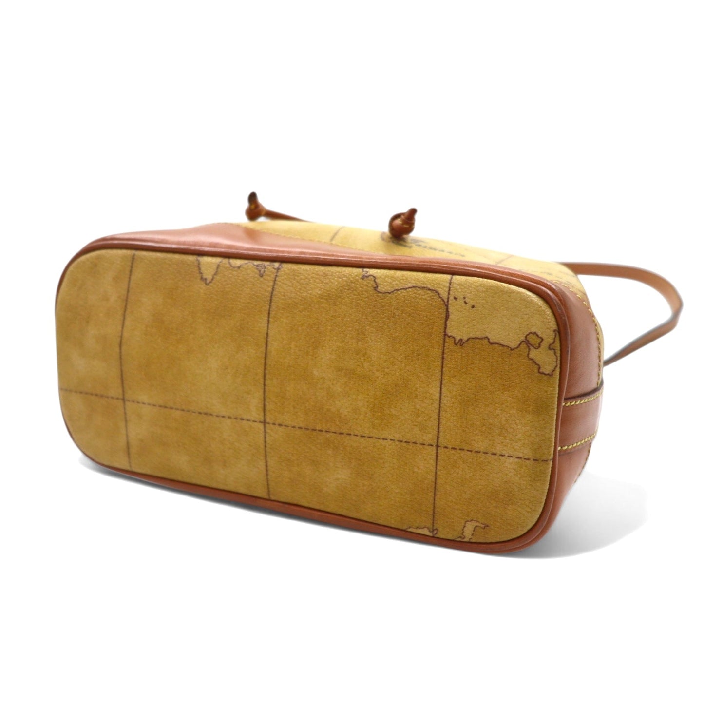 PRIMA CLASSE Italian-made drawstring shoulder bag in beige PVC and leather with a world map.