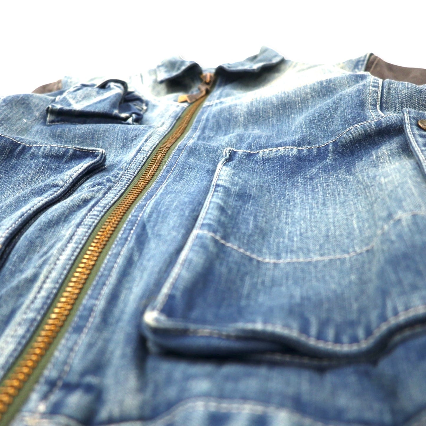 AVIREX 2-Way Denim Jacket with Detachable Leather Sleeves, E-1 Radio Vest, Size L, Blue, Cotton and Horsehide, 6132105