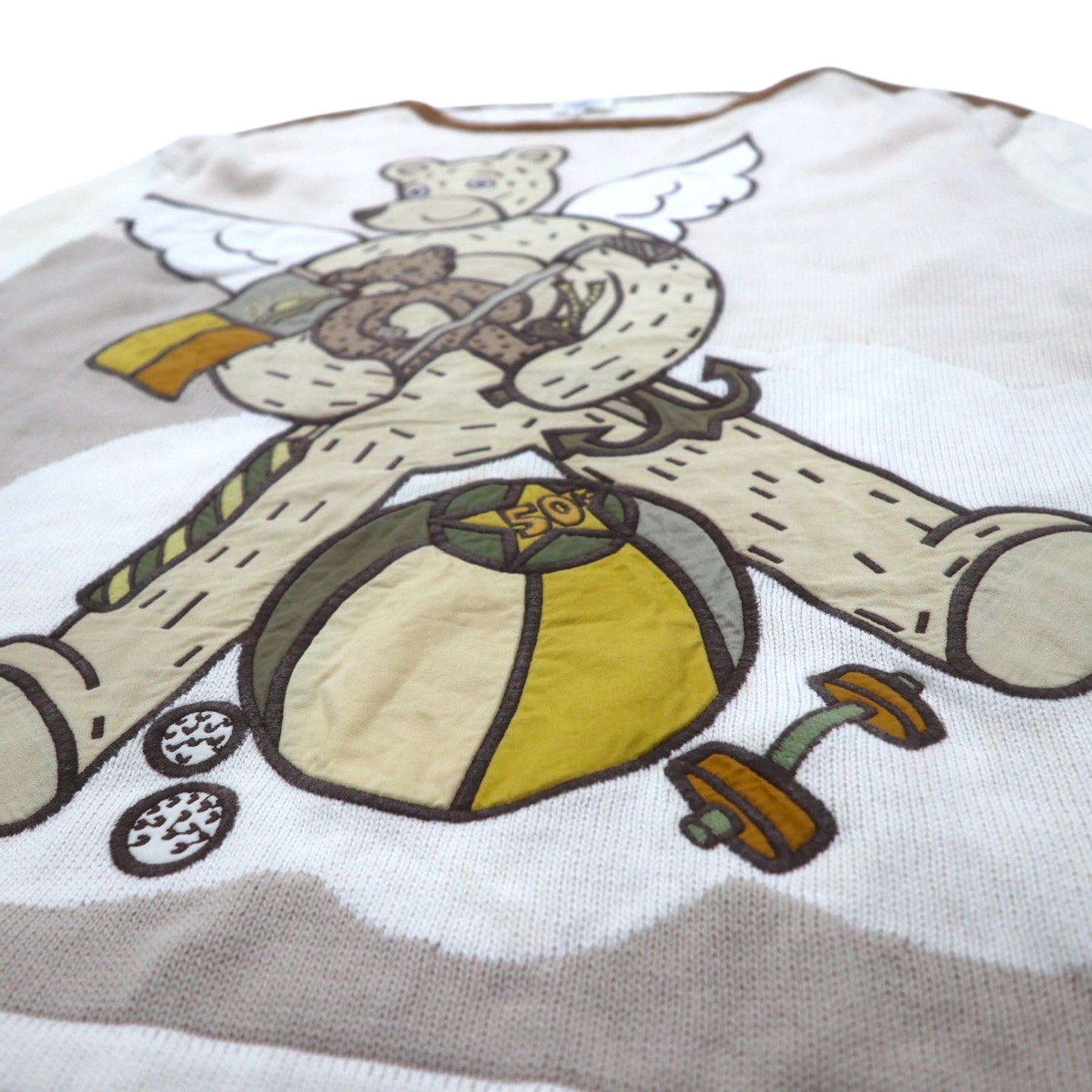 Castelbajac sport 90s knit sweater with contrasting stripes, size M, beige, linen, character print, made in Japan