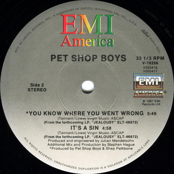 Pet Shop Boys - It's A Sin (Vinyl, 12", 33 ⅓ RPM) Very Good Plus (VG+) / Good Plus (G+)