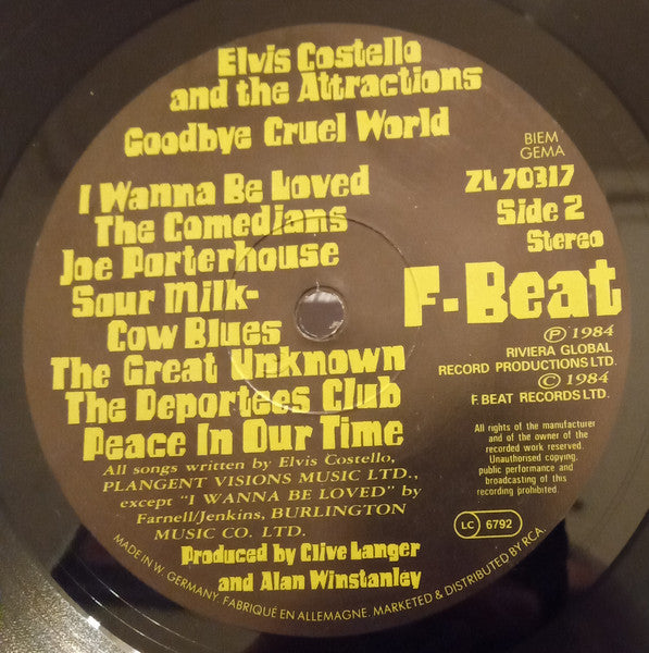 Elvis Costello & The Attractions - Goodbye Cruel World (Vinyl, LP, Album, Stereo) Very Good (VG) / Very Good Plus (VG+)