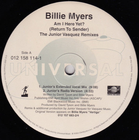 Billie Myers - Am I Here Yet? (Return To Sender) The Junior Vasquez Remixes (Vinyl, 12") Very Good Plus (VG+) / Very Good Plus (VG+)