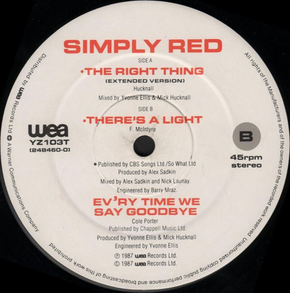 Simply Red - The Right Thing (Vinyl, 12", 45 RPM, Single, Stereo) Very Good (VG) / Very Good (VG)