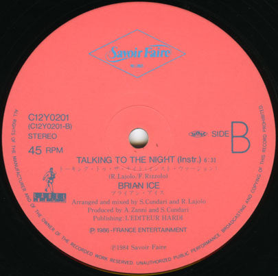 Brian Ice - Talking To The Night (Vinyl, 12", 45 RPM) Very Good Plus (VG+) / Very Good Plus (VG+)