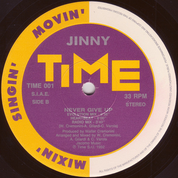Jinny - Never Give Up (Vinyl, 12", 33 ⅓ RPM, Stereo) Very Good Plus (VG+) / Very Good Plus (VG+)