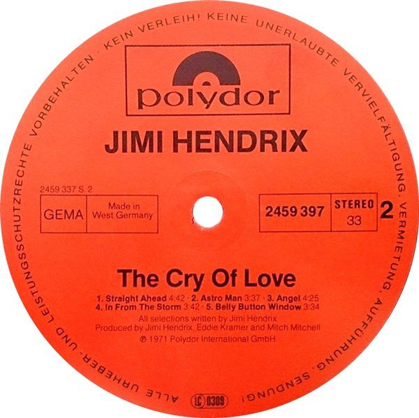 Jimi Hendrix - The Cry Of Love (Vinyl, LP, Album, Reissue) Very Good Plus (VG+) / Very Good Plus (VG+)