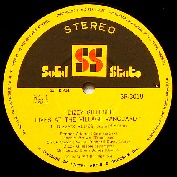 Dizzy Gillespie - Live At The Village Vanguard (Vinyl, LP, Album, Stereo) Very Good Plus (VG+) / Very Good (VG)