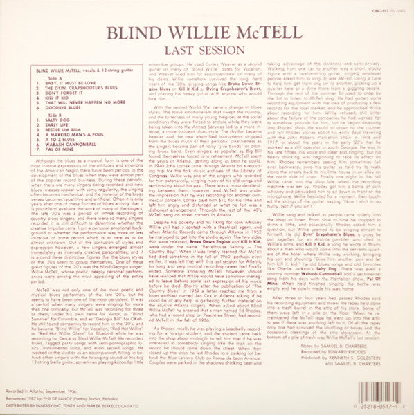 Blind Willie McTell - Last Session (Vinyl, LP, Album, Reissue, Remastered, Stereo) Very Good Plus (VG+) / Very Good Plus (VG+)