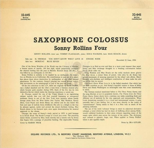 Sonny Rollins - Saxophone Colossus (Vinyl, LP, Album, Mono) Very Good (VG) / Good Plus (G+)