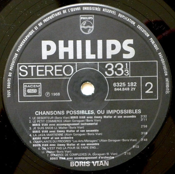 Boris Vian - Chansons Possibles, Ou Impossibles (Vinyl, LP, Album, Reissue) Very Good Plus (VG+) / Very Good (VG)