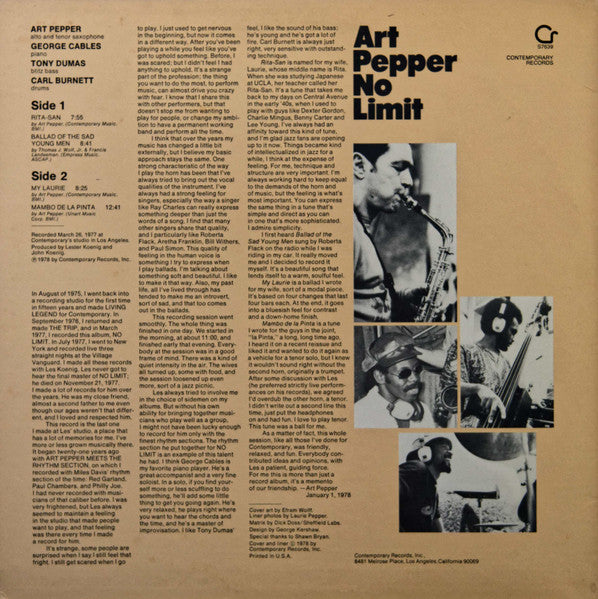 Art Pepper - No Limit (Vinyl, LP, Album) Very Good Plus (VG+) / Very Good (VG)