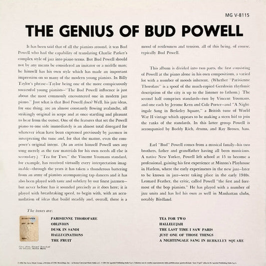 Bud Powell - The Genius Of Bud Powell (Vinyl, LP, Album, Reissue, Mono) Very Good Plus (VG+) / Very Good Plus (VG+)