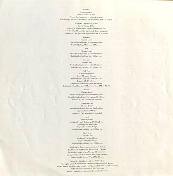 Pet Shop Boys - Actually = 哀しみの天使 (Vinyl, LP, Album, Promo)