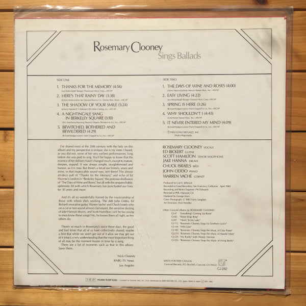 Rosemary Clooney - Rosemary Clooney Sings Ballads (Vinyl, LP, Album, Stereo) Good Plus (G+) / Very Good Plus (VG+)