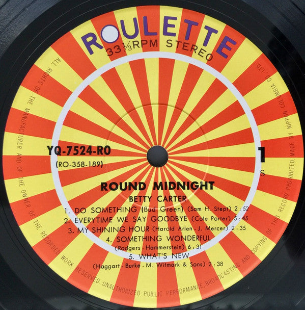 Betty Carter - Round Midnight (Vinyl, LP, Stereo) Very Good Plus (VG+) / Very Good Plus (VG+)
