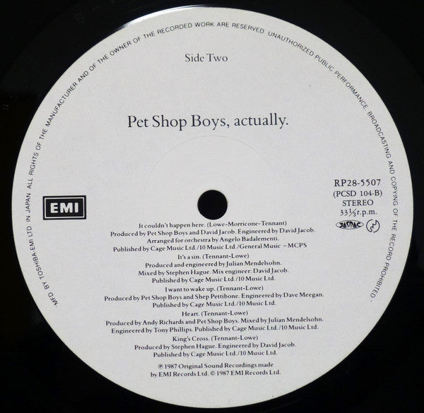 Pet Shop Boys - Actually = Angel of Sorrow (Vinyl, LP, Album) Very Good Plus (VG+) / Very Good Plus (VG+)