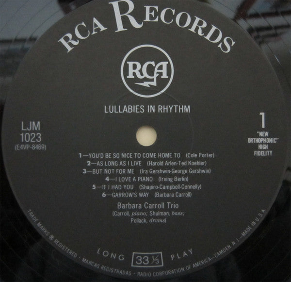 Barbara Carroll - Lullabies In Rhythm (Vinyl, LP, Reissue, Mono) Very Good Plus (VG+) / Very Good Plus (VG+)