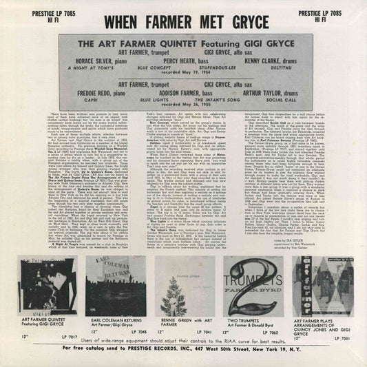 Art Farmer Quintet - When Farmer Met Gryce (Vinyl, LP, Album, Reissue, Mono) Very Good Plus (VG+) / Very Good Plus (VG+)