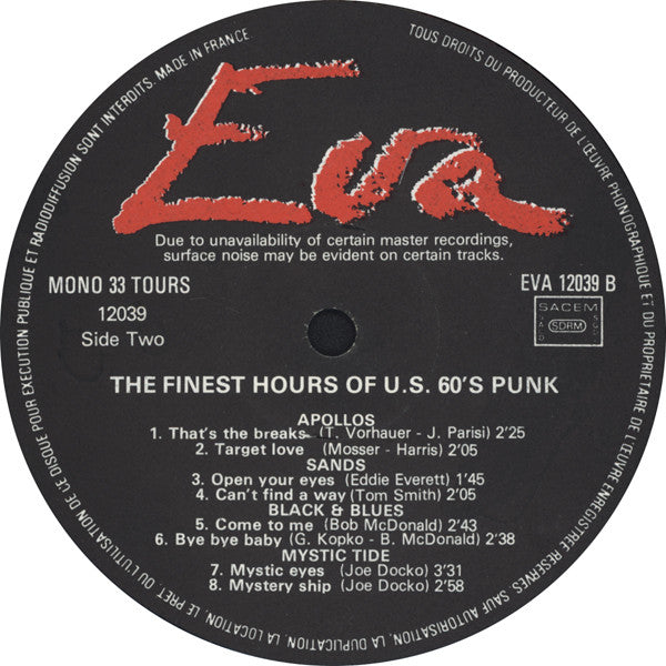 Various - The Finest Hours Of U.S. 60's Punk (Vinyl, LP, Compilation, Mono) Very Good Plus (VG+) / Very Good Plus (VG+)