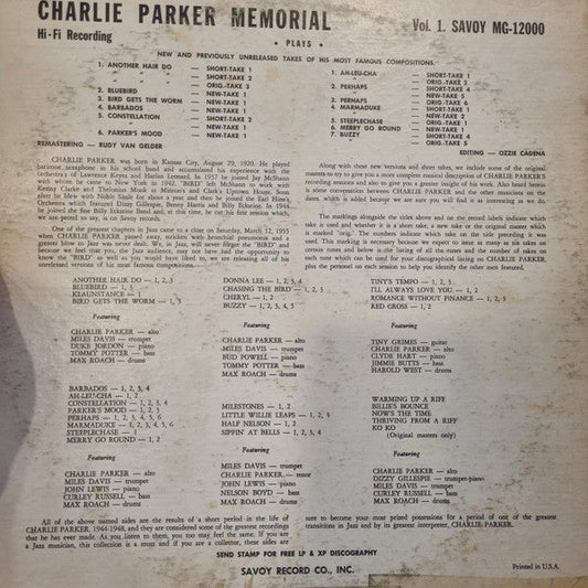 Charlie Parker - Charlie Parker Memorial (Vinyl, LP, Album, Reissue, Remastered, Stereo) Very Good Plus (VG+) / Very Good Plus (VG+)