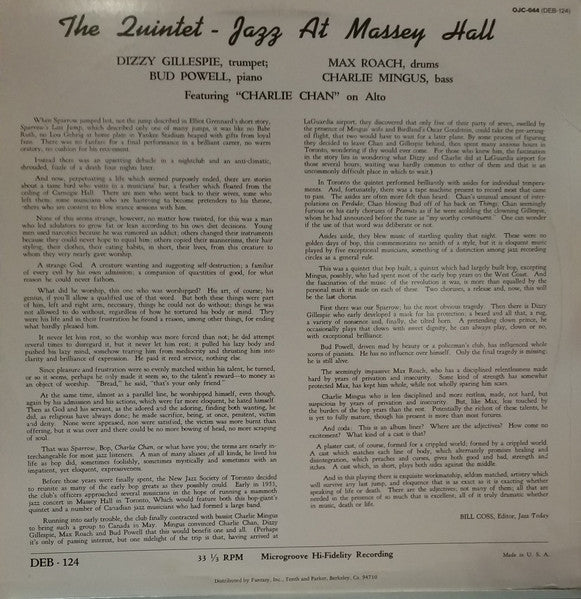 The Quintet - Jazz At Massey Hall (Vinyl, LP, Album, Reissue, Mono) Very Good (VG) / Very Good (VG)