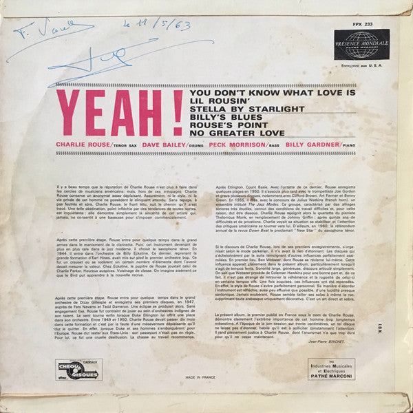 Charlie Rouse - Yeah! (Vinyl, LP, Album, Mono) Very Good Plus (VG+) / Very Good Plus (VG+)