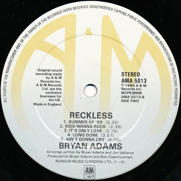Bryan Adams - Reckless (Vinyl, LP, Album) Very Good (VG) / Good (G)