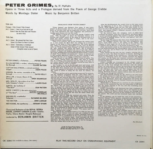 Benjamin Britten - Peter Grimes - Highlights (Vinyl, LP, Album, Stereo) Very Good Plus (VG+) / Very Good Plus (VG+)