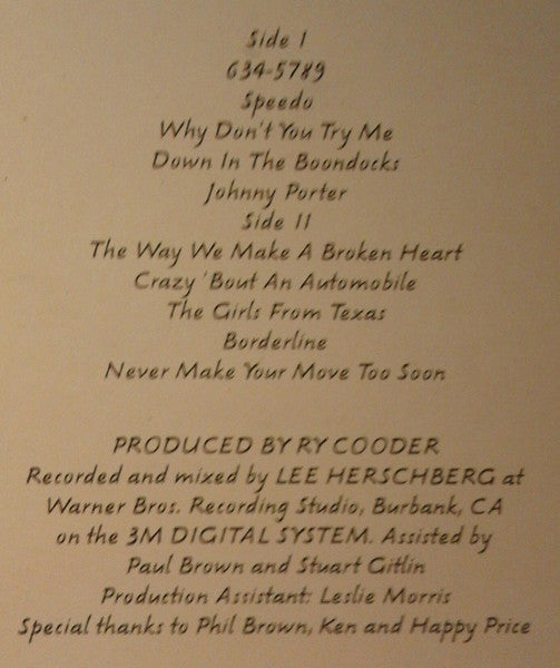 Ry Cooder - Borderline (Vinyl, LP, Album) Very Good (VG) / Very Good (VG)