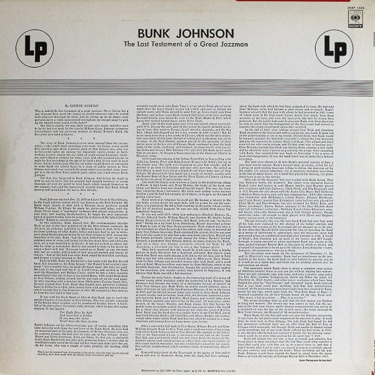 Bunk Johnson - The Last Testament Of A Great New Orleans Jazzman (Vinyl, LP, Album, Mono) Very Good Plus (VG+) / Very Good Plus (VG+)