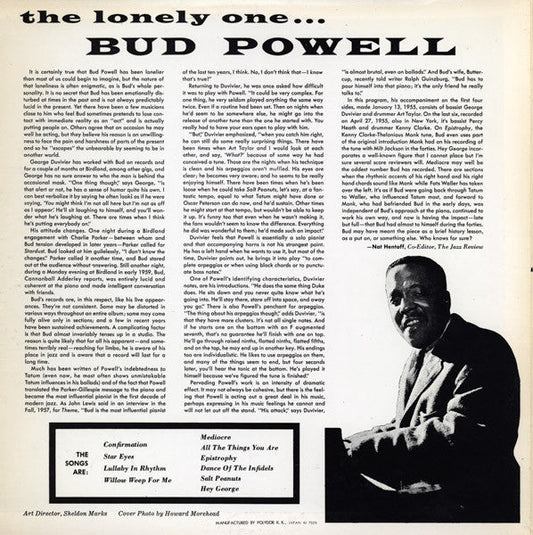Bud Powell - The Lonely One (Vinyl, LP, Album, Mono, Reissue) Very Good (VG) / Very Good Plus (VG+)
